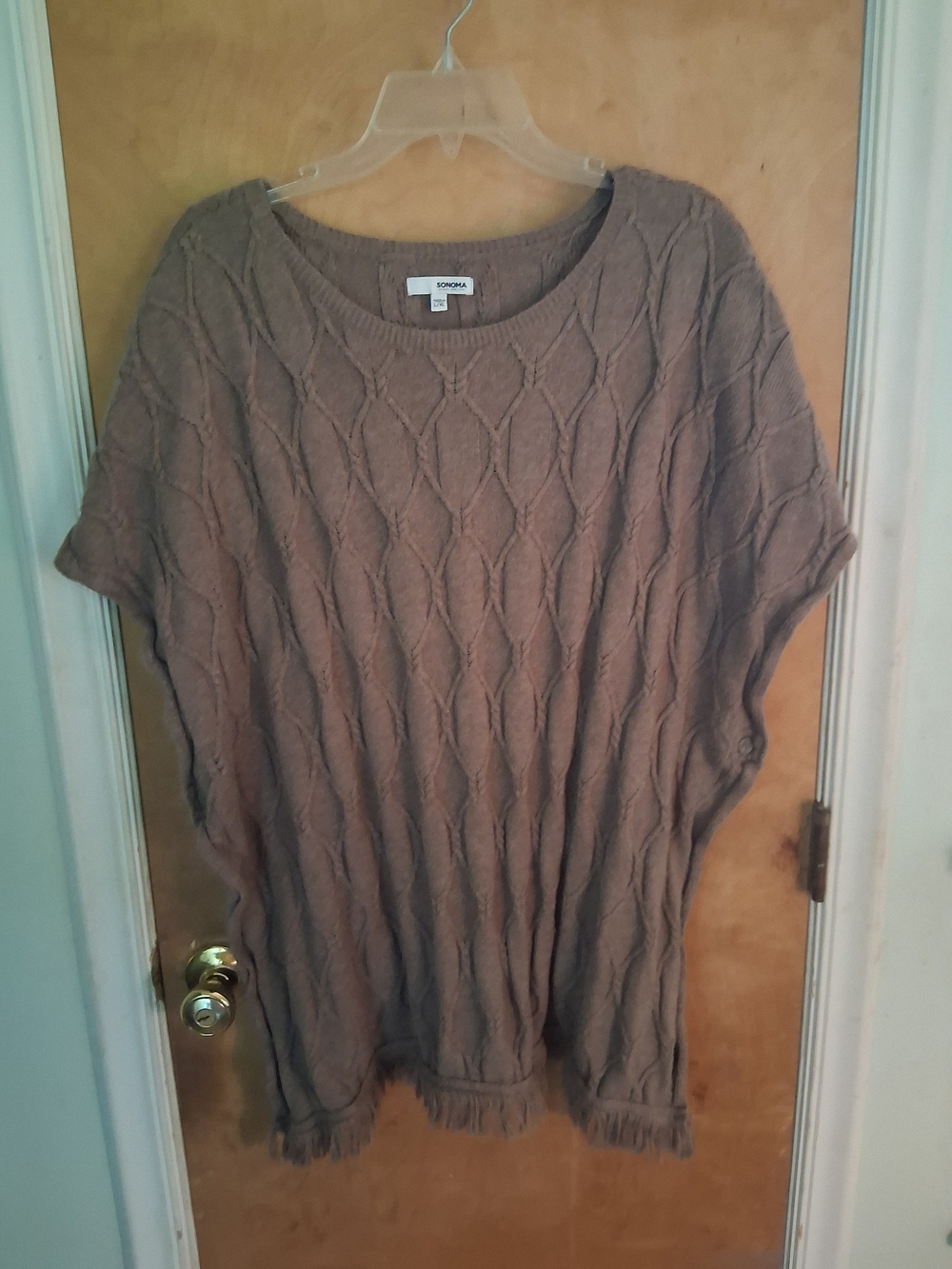 Sonoma Taupe Cable Knit Fringe Poncho